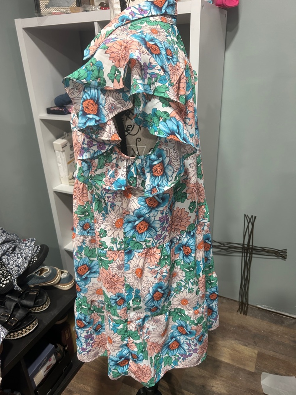 Umgee Floral Mini Dress in Teal, Peach & White - Picture 3 of 4